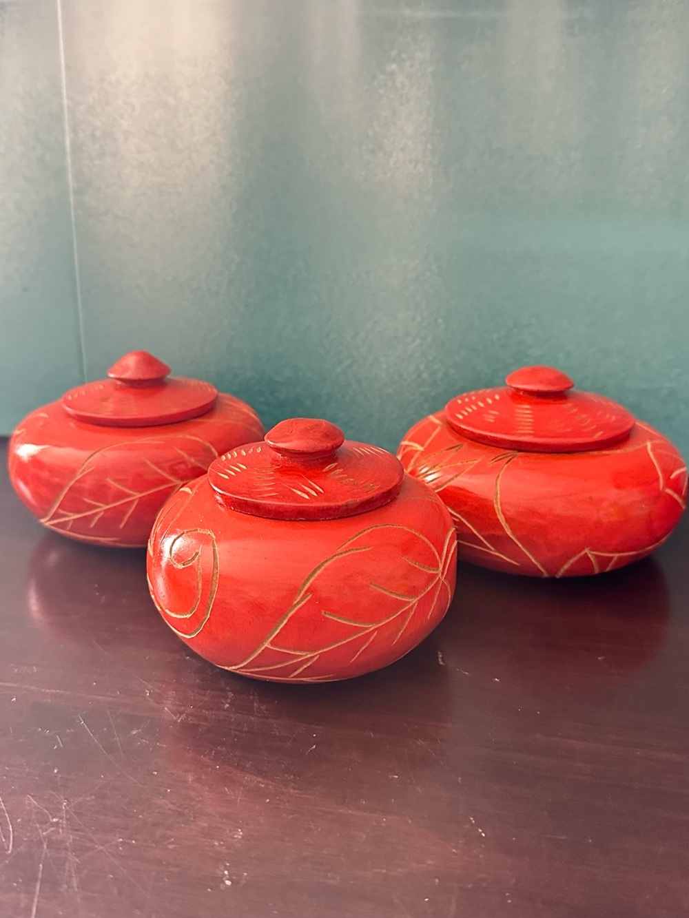 Hand-Painted Carved Wood Lidded Round Decorative Jar  Brown Orange